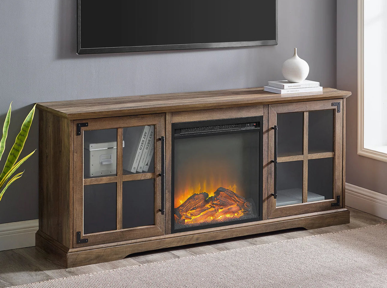 60" TWO DOOR FIREPLACE CONSOLE RECLAIMED BARN WOOD