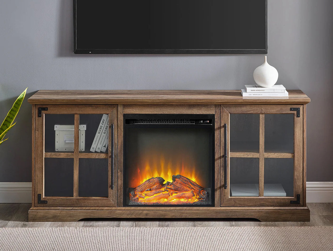 60" TWO DOOR FIREPLACE CONSOLE RECLAIMED BARN WOOD